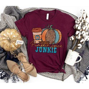 Pumpkin Spice Junkie on Maroon Tee, Womens Shirt, Fall Graphic Tee, 100% Cotton